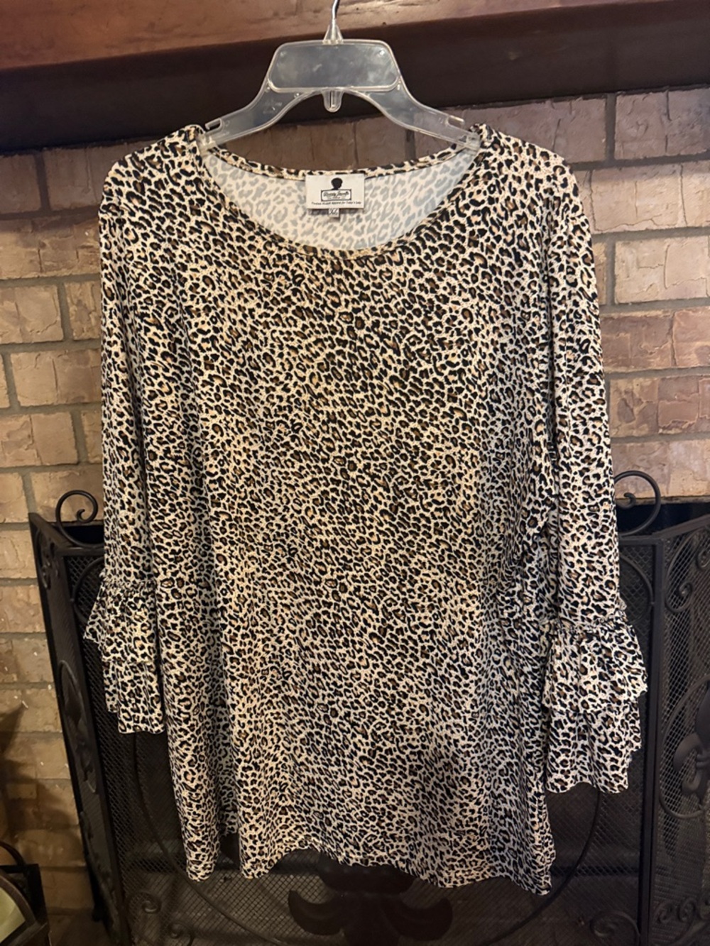 Leopard Print Ruffle Sleeve Top - Neutral Tan & Black